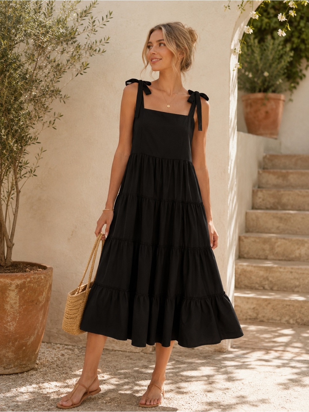 Zoya Black Tie-Shoulder Tiered Midi Dress